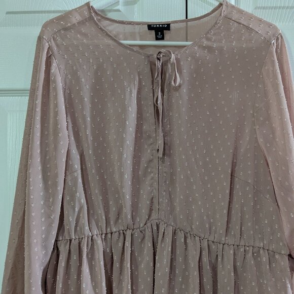 Torrid Women's Sheer Dusty Pink Tunic, Size 2, Peplum Style, Vneck, Long Sleeve - Picture 3 of 16